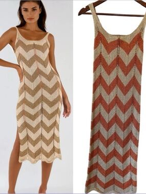 Orange and Gold Crochet Knit Beach Cover-Up Midi Dress Chevron